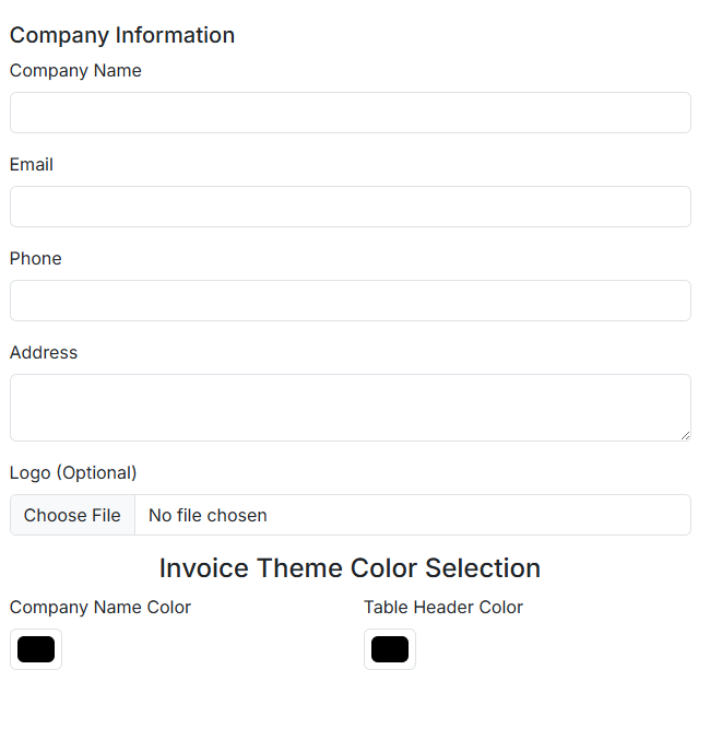 Image of the invoice form showing company details
