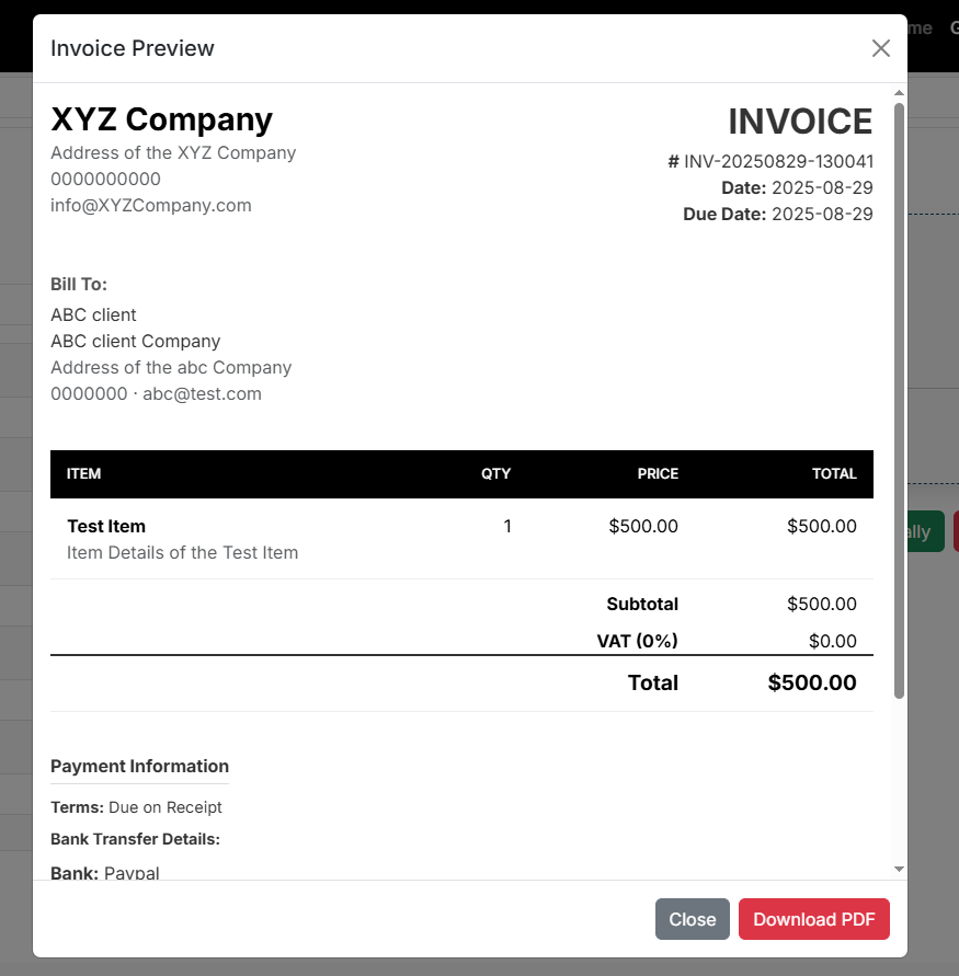 Image of the invoice preview and action buttons