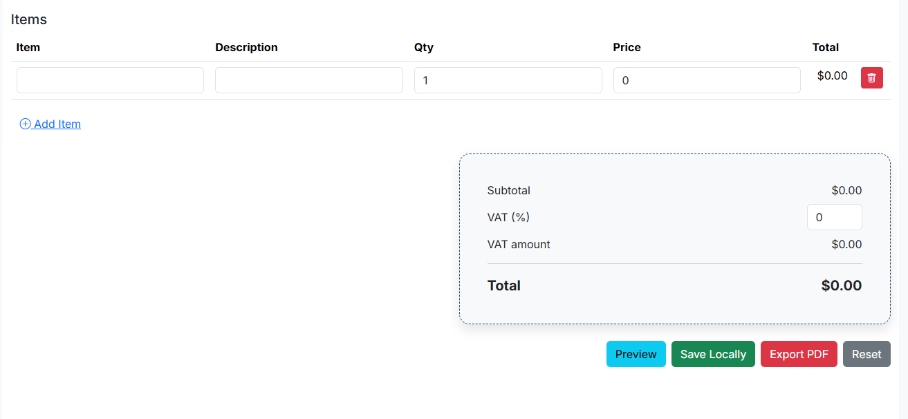 Image of the invoice form showing line items and totals